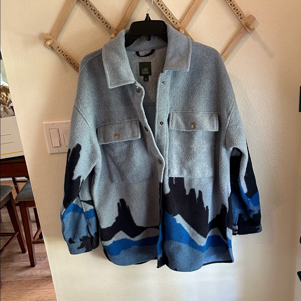 Cabin Core Gray and Blue Patterned Jacket Utility